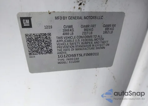 2020 Chevrolet Malibu Fwd Lt z USA, uszkodzony, nr VIN 1G1ZD5ST5LF069311